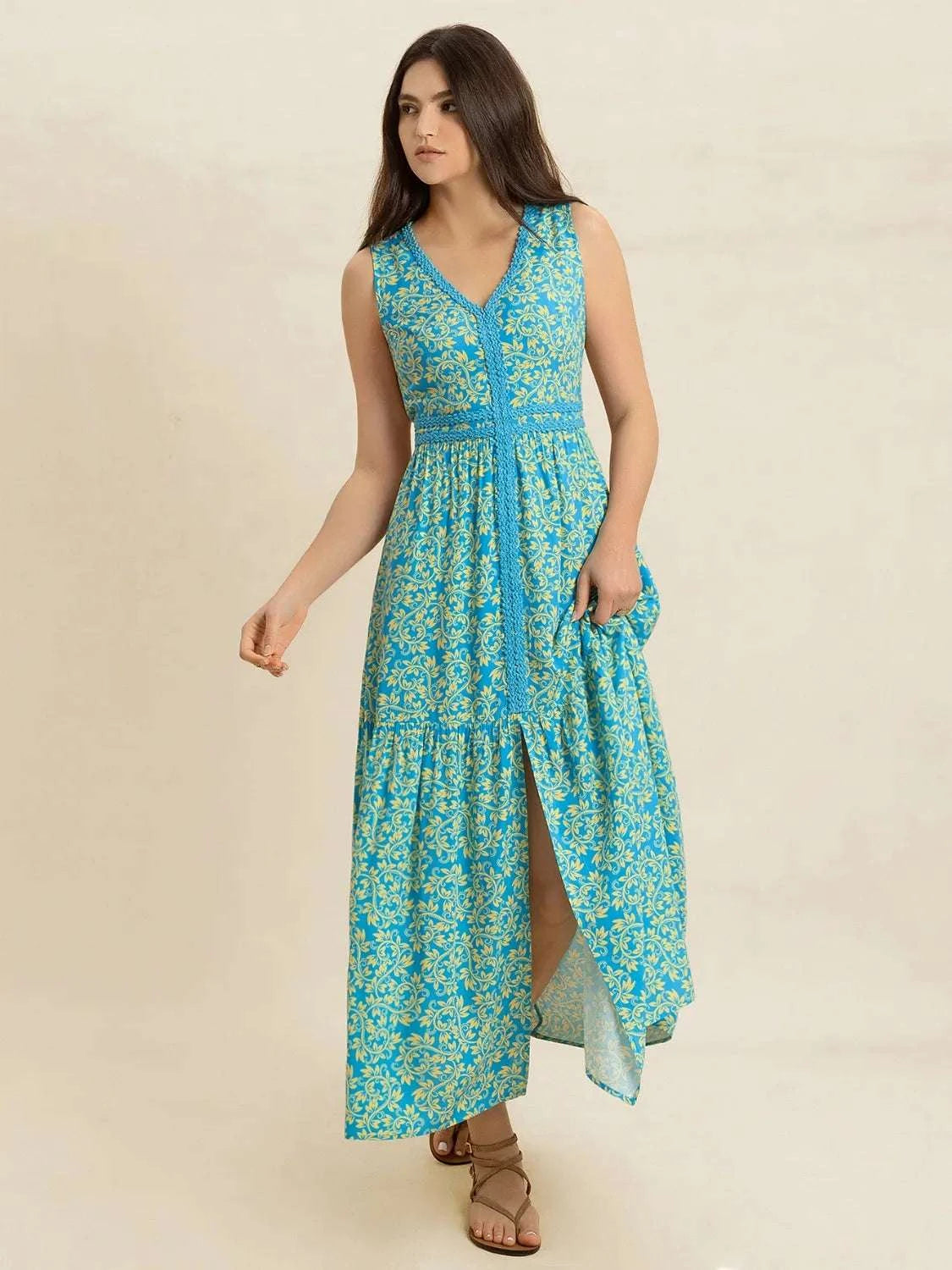 Slit Printed V-Neck Sleeveless Dress WESTCLOSET