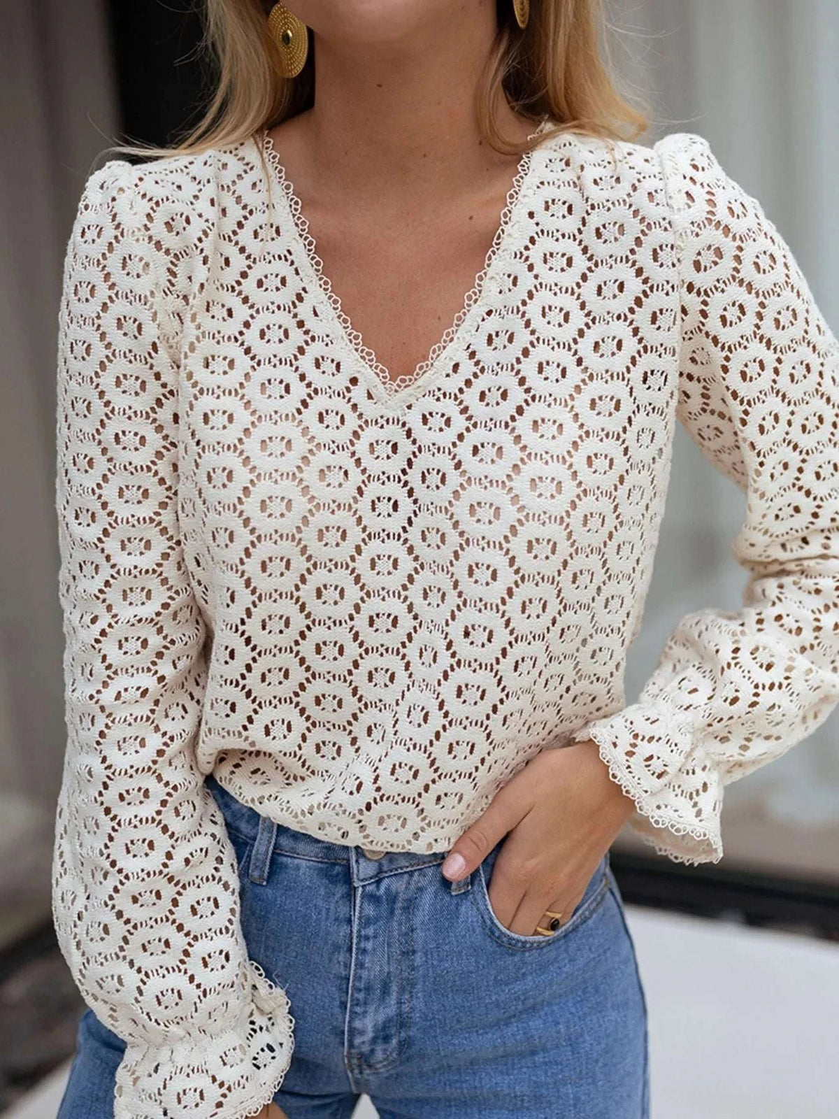 Crochet Lace V-Neck Long Sleeve Blouse WESTCLOSET