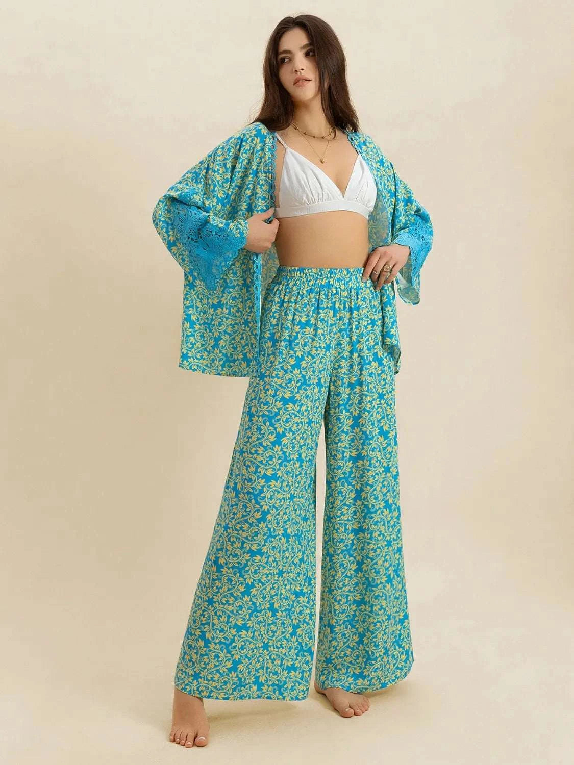 Open Front Printed Top and Pants Set WESTCLOSET