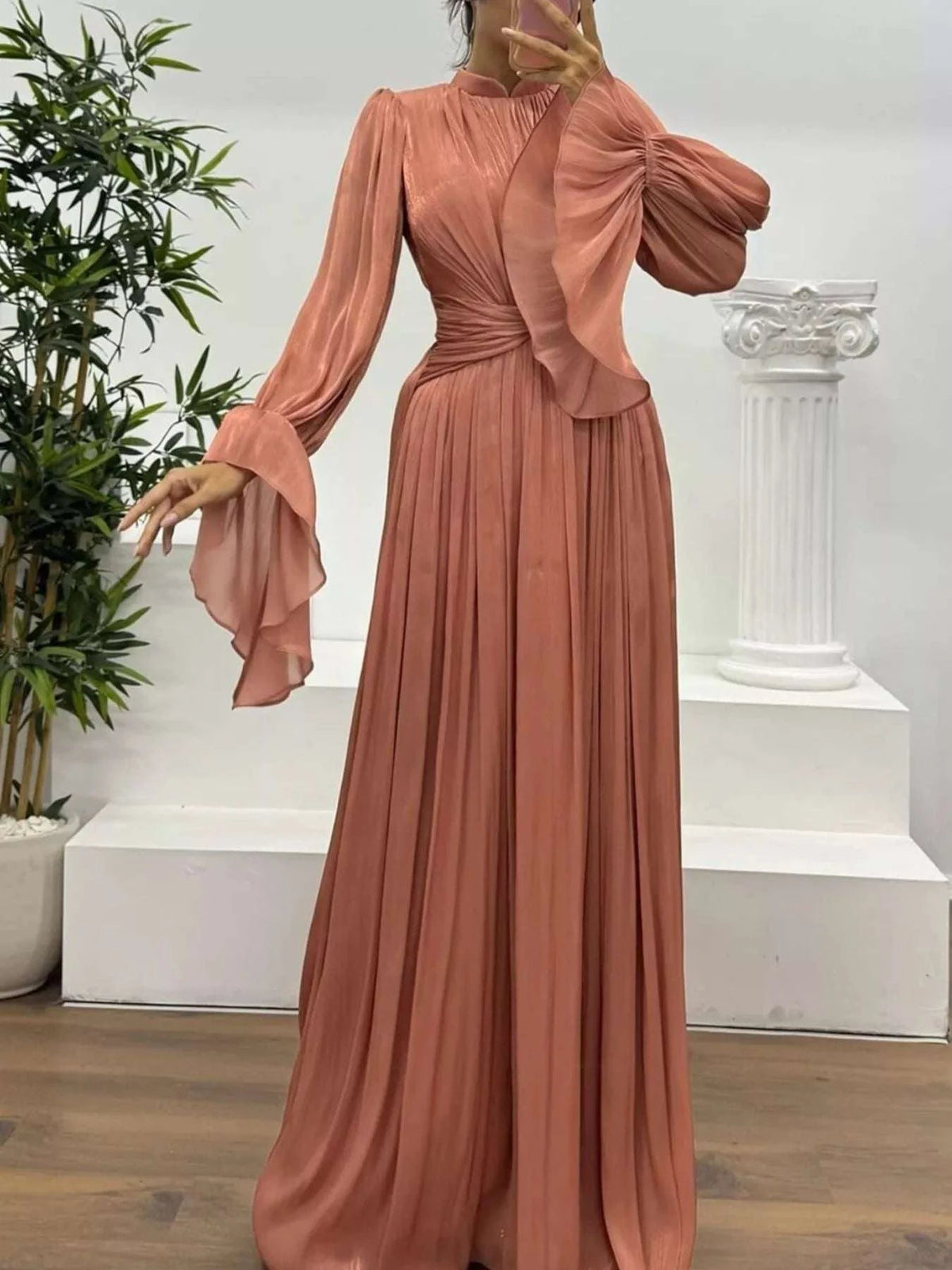 Pleated Mock Neck Long Sleeve Maxi Dress WESTCLOSET