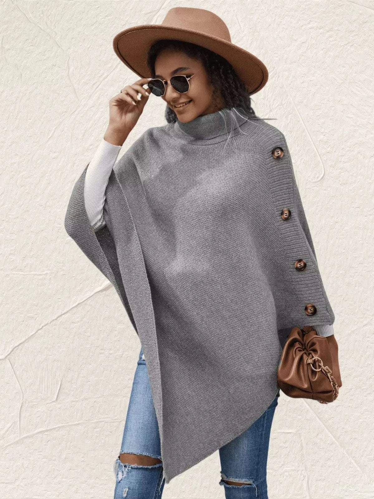 Button-Decor Turtleneck Poncho Pullover WESTCLOSET