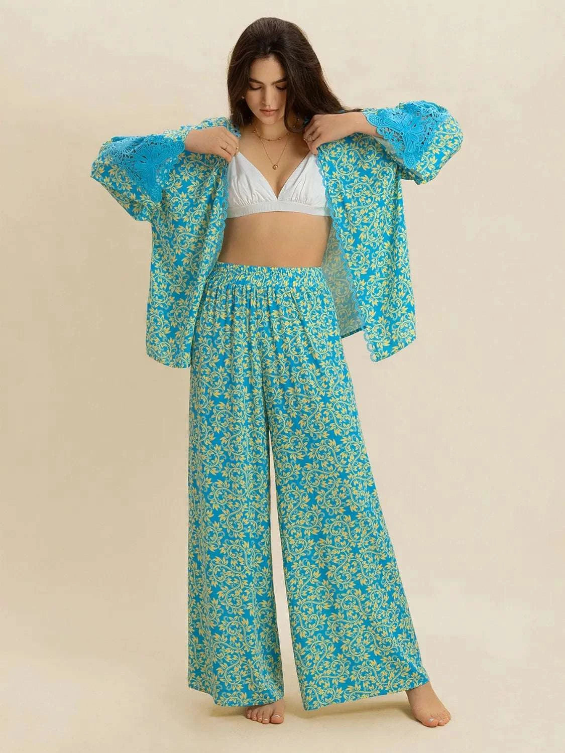 Open Front Printed Top and Pants Set WESTCLOSET