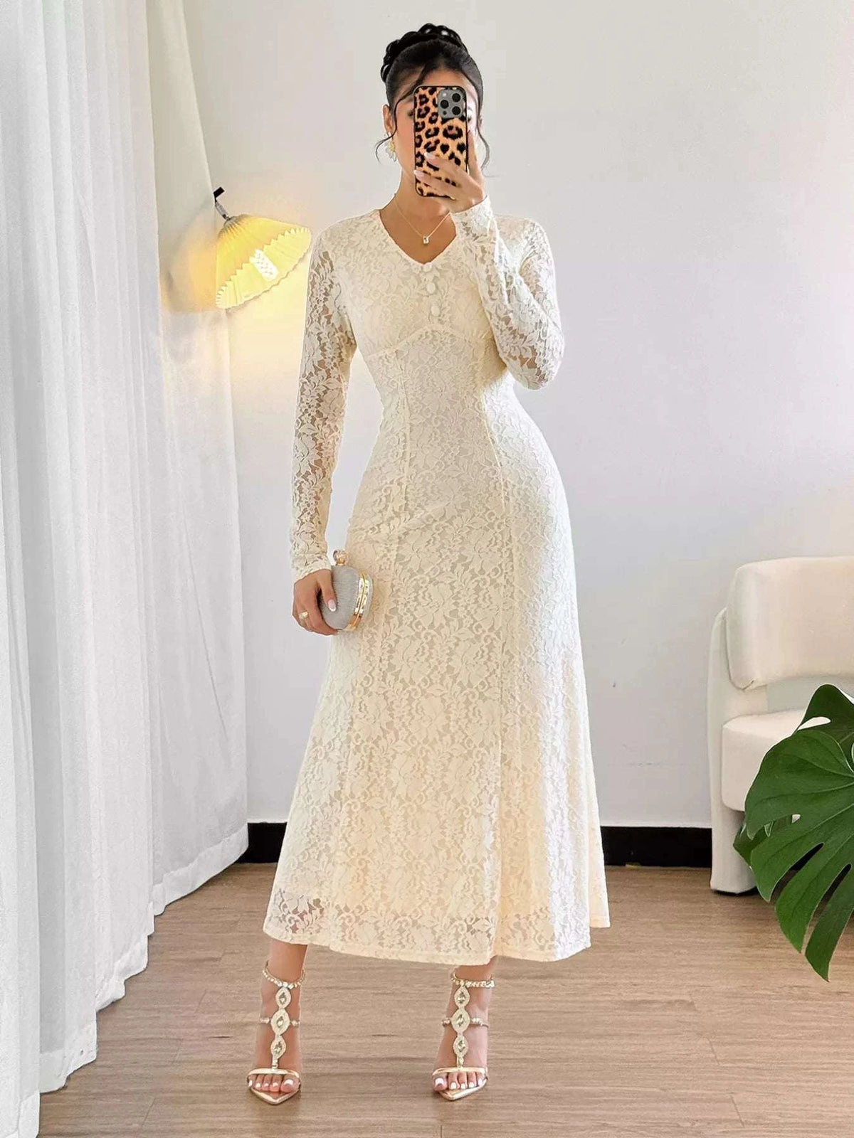 Lace V-Neck Long Sleeve Dress WESTCLOSET