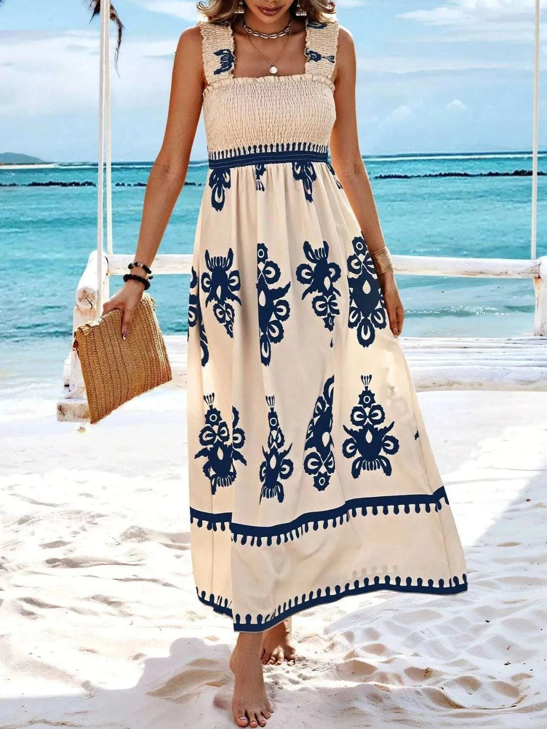 Smocked Printed Wide Strap Maxi Dress WESTCLOSET
