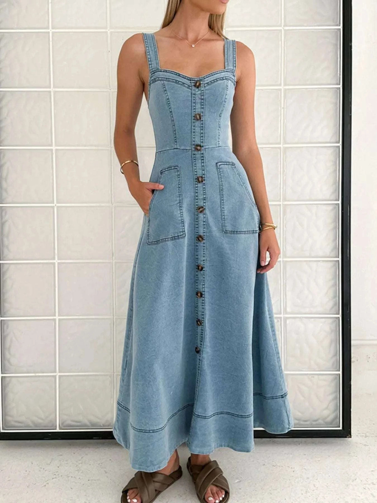 Wide Strap Sweetheart Neck Denim Dress WESTCLOSET