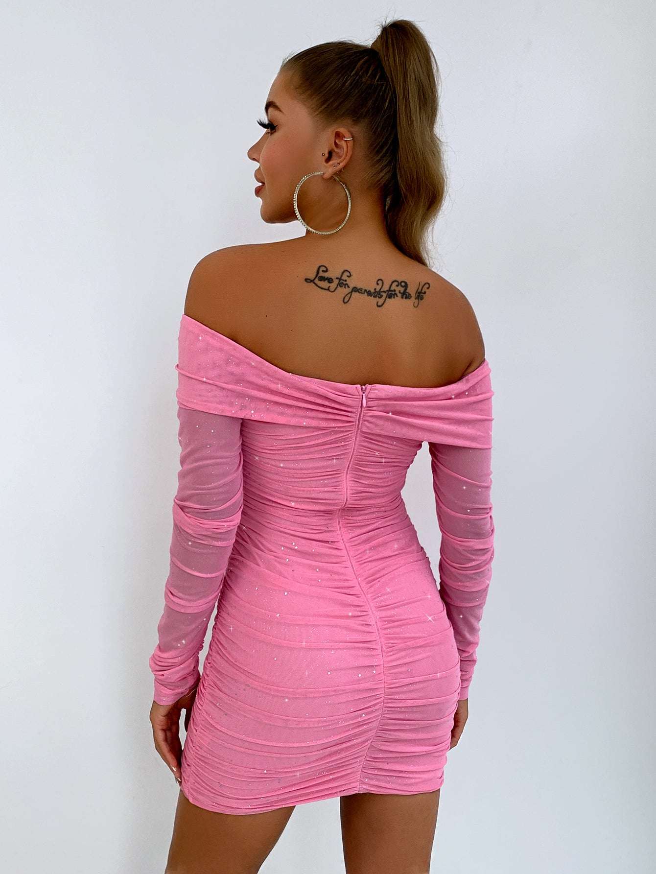 Glitter Ruched Off-Shoulder Long Sleeve Bodycon Dress WESTCLOSET