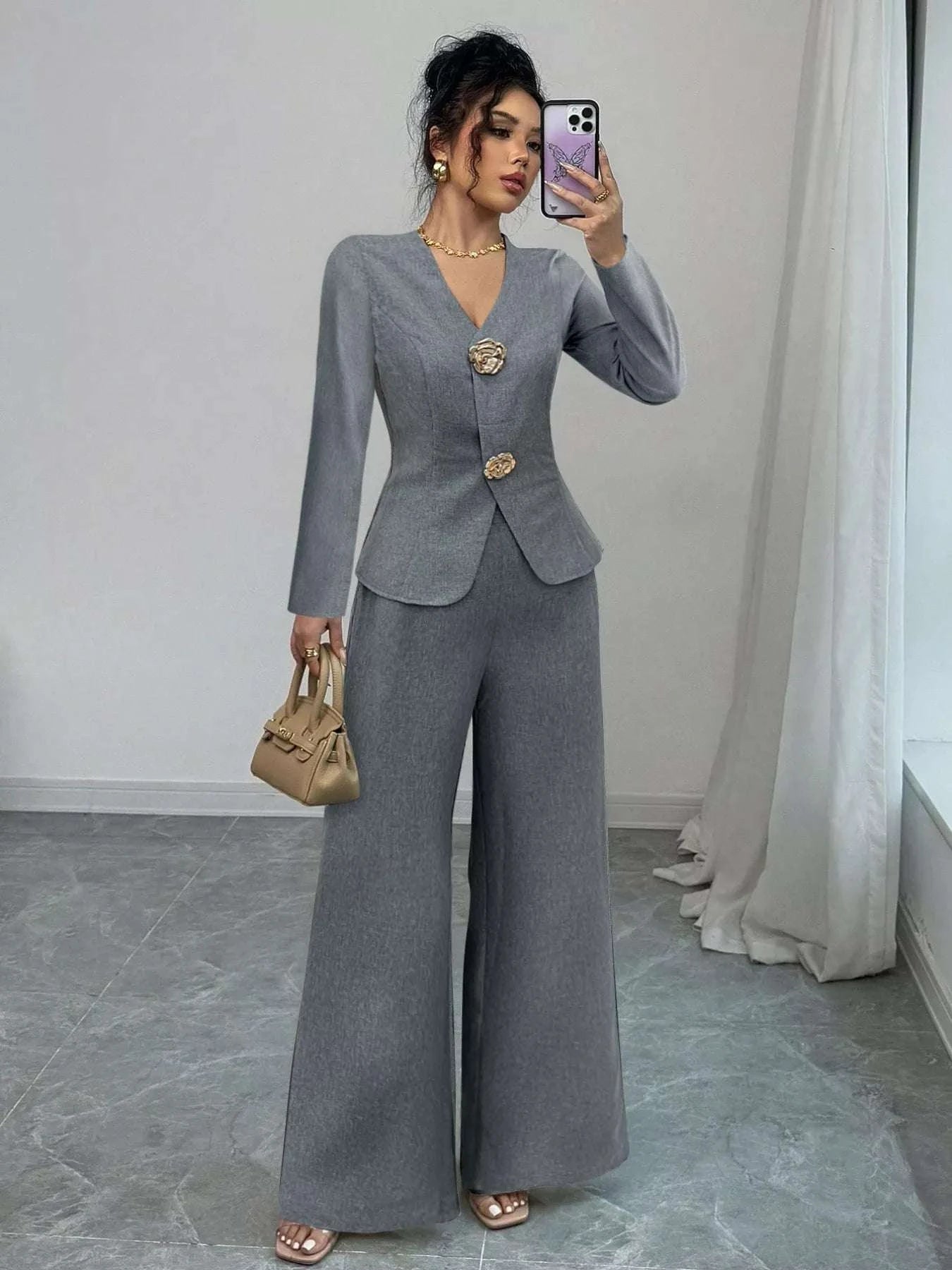 Decor Buckle Blazer & Wide Leg Pants Set WESTCLOSET