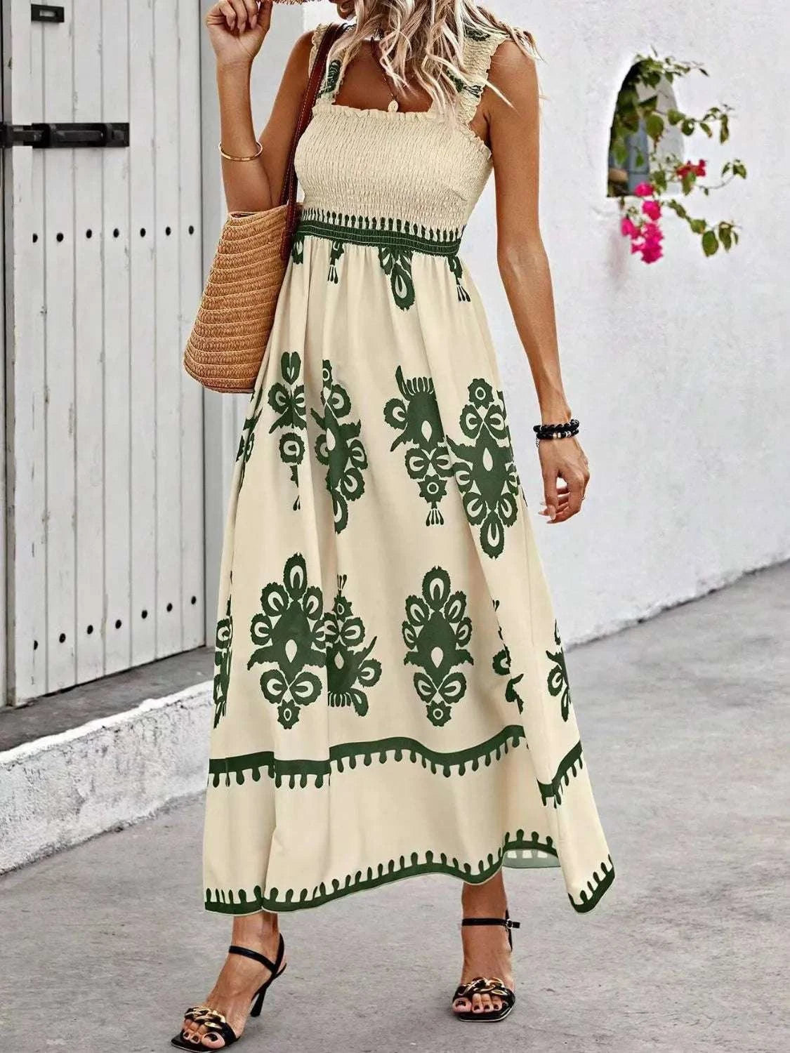 Smocked Printed Wide Strap Maxi Dress WESTCLOSET