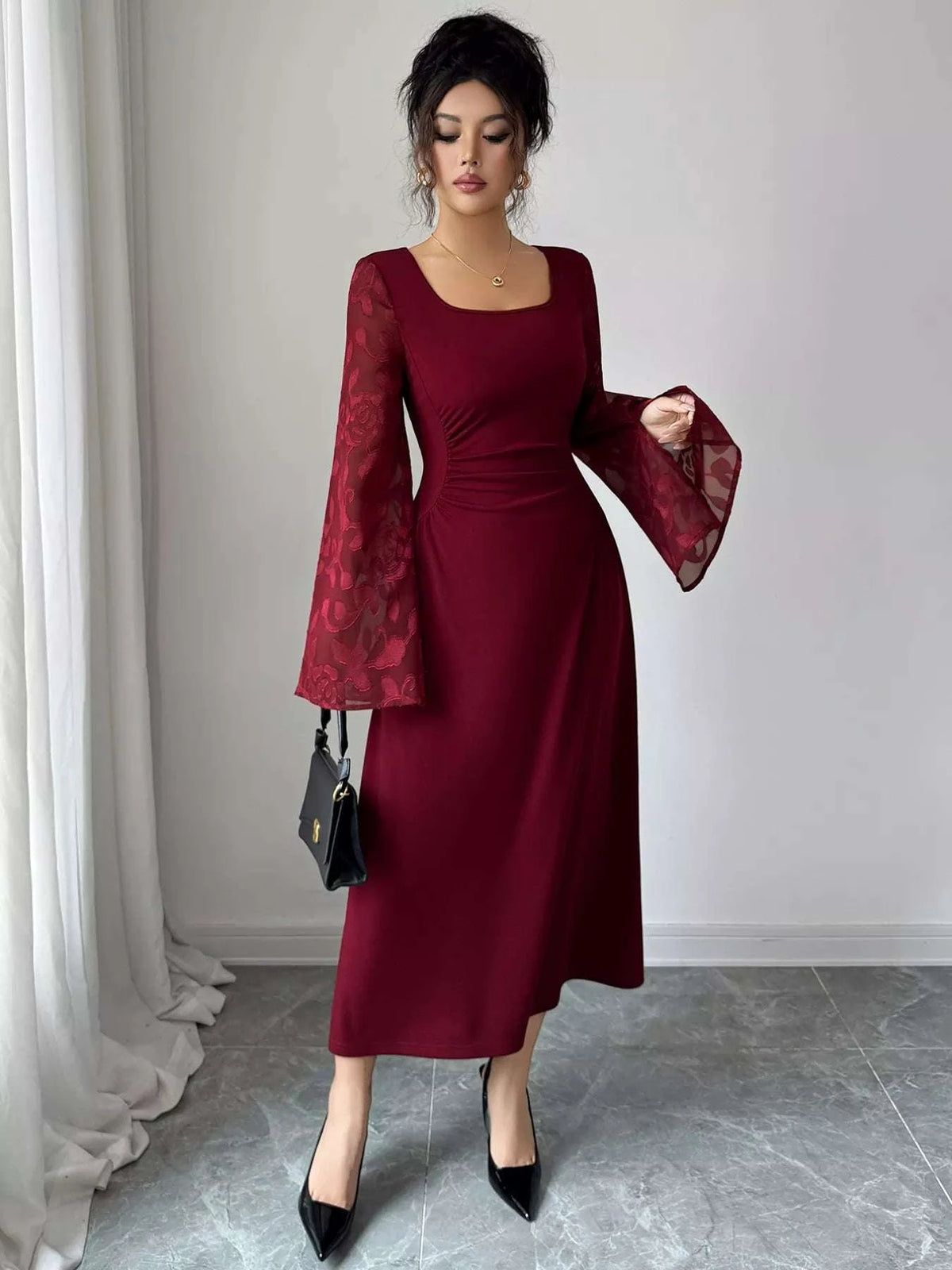 Square Neck Flare Sleeve Midi Dress WESTCLOSET