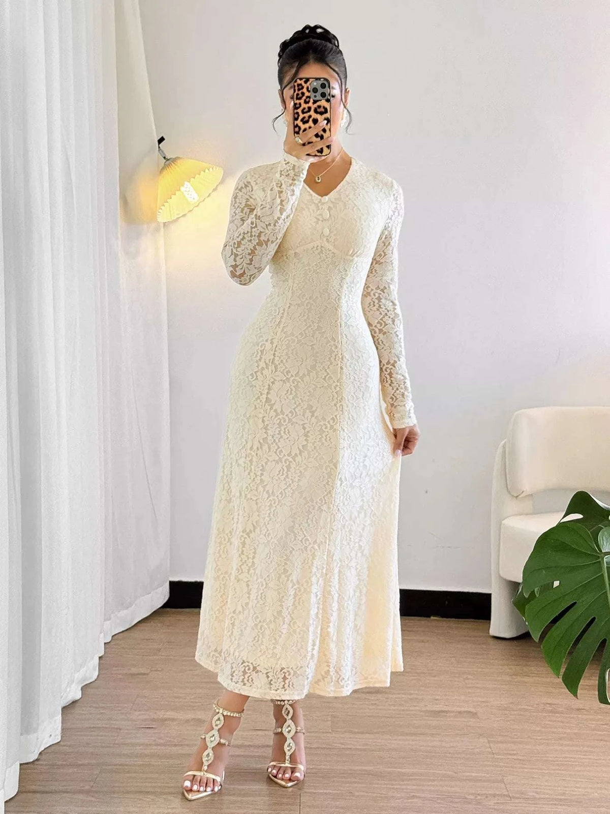 Lace V-Neck Long Sleeve Dress WESTCLOSET