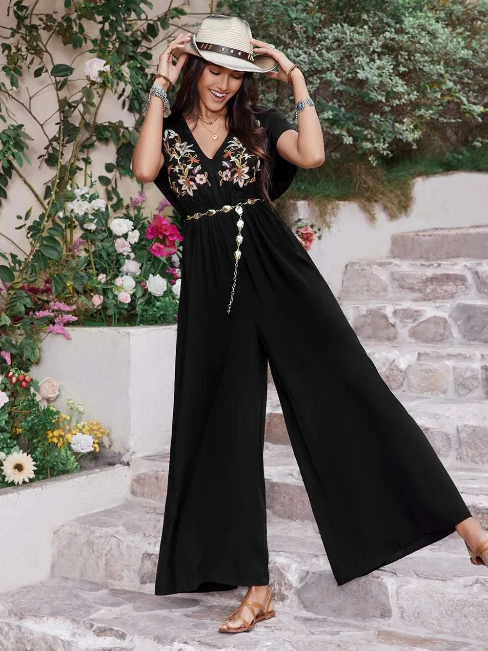 Embroidered Ruched Short Sleeve Jumpsuit WESTCLOSET
