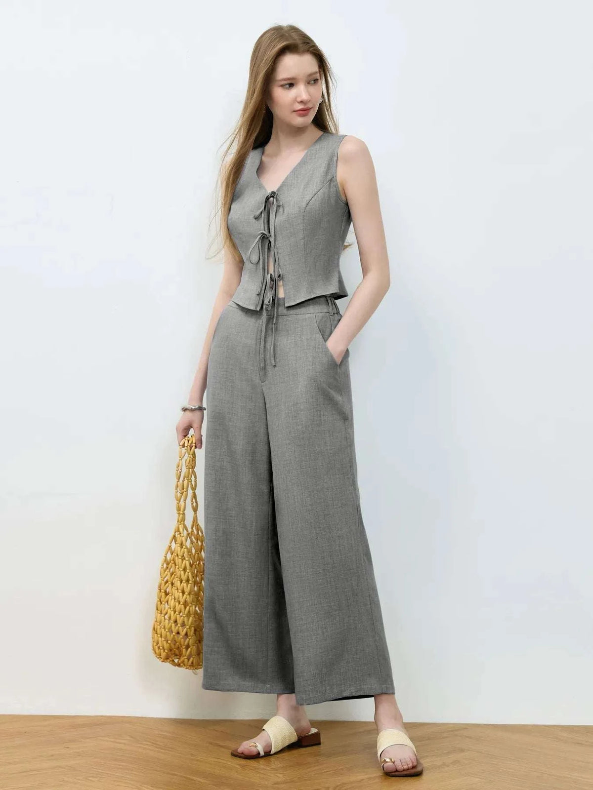 Tie Front Vest and Wide Leg Pants Set WESTCLOSET