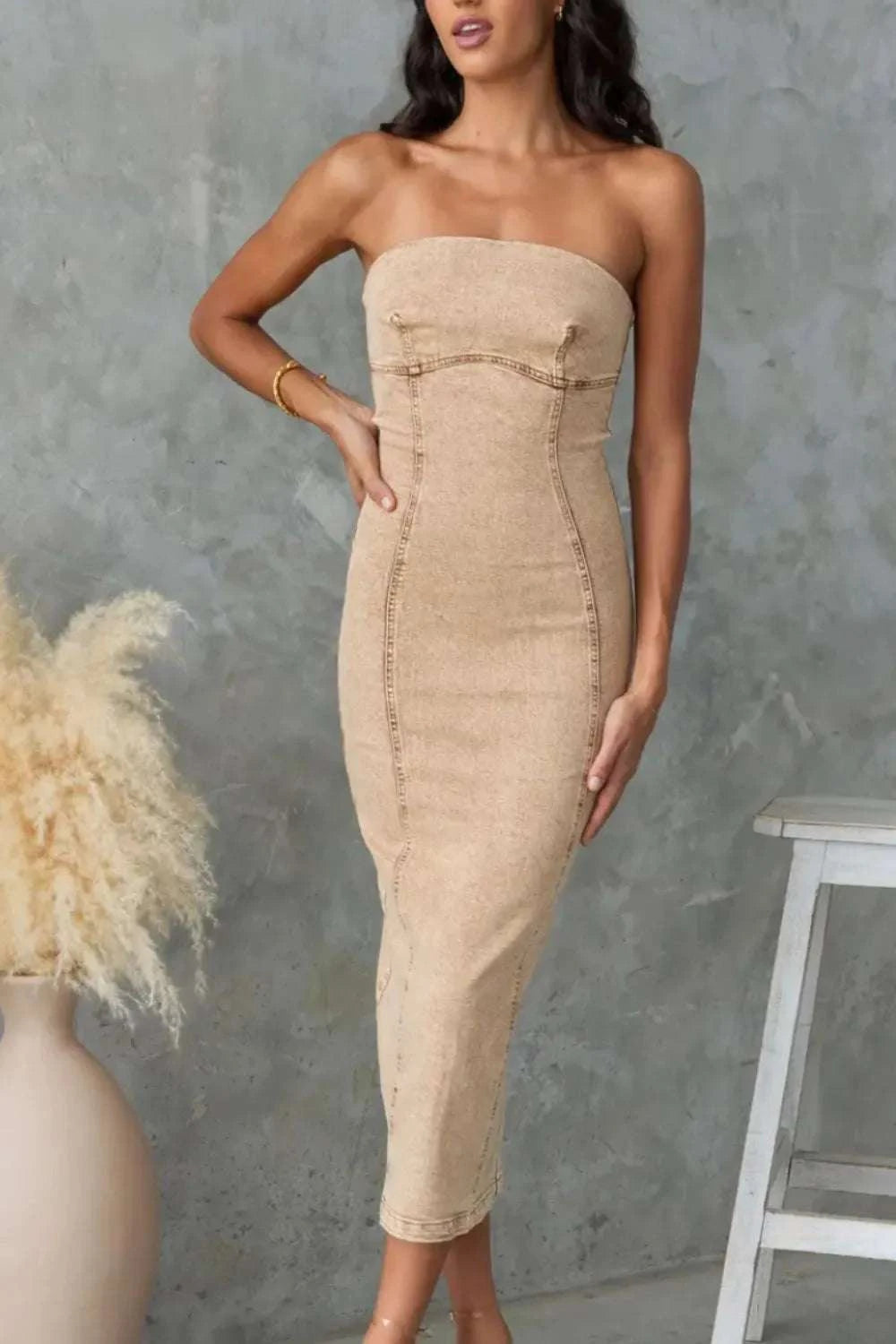 Washed Slit Back Tube Denim Dress WESTCLOSET