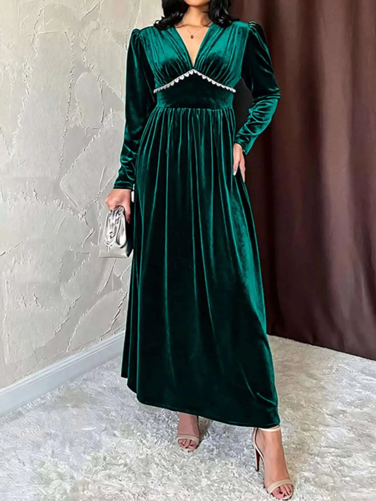 Velvet V-Neck Long Sleeve Maxi Dress WESTCLOSET