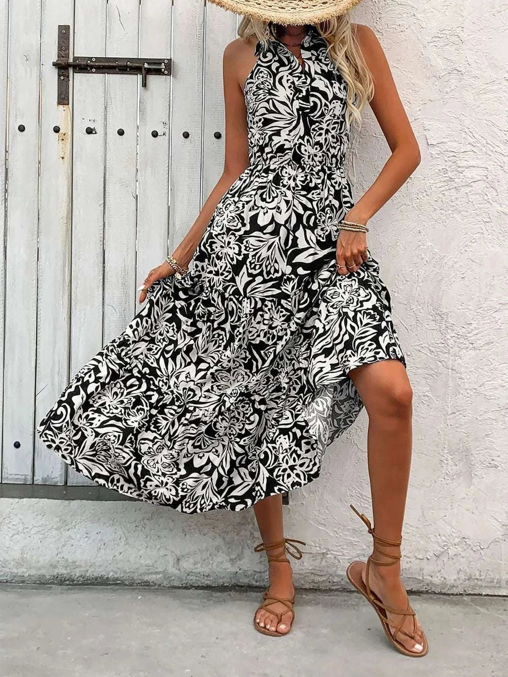 Perfee Backless Smocked Printed Sleeveless Midi Dress WESTCLOSET