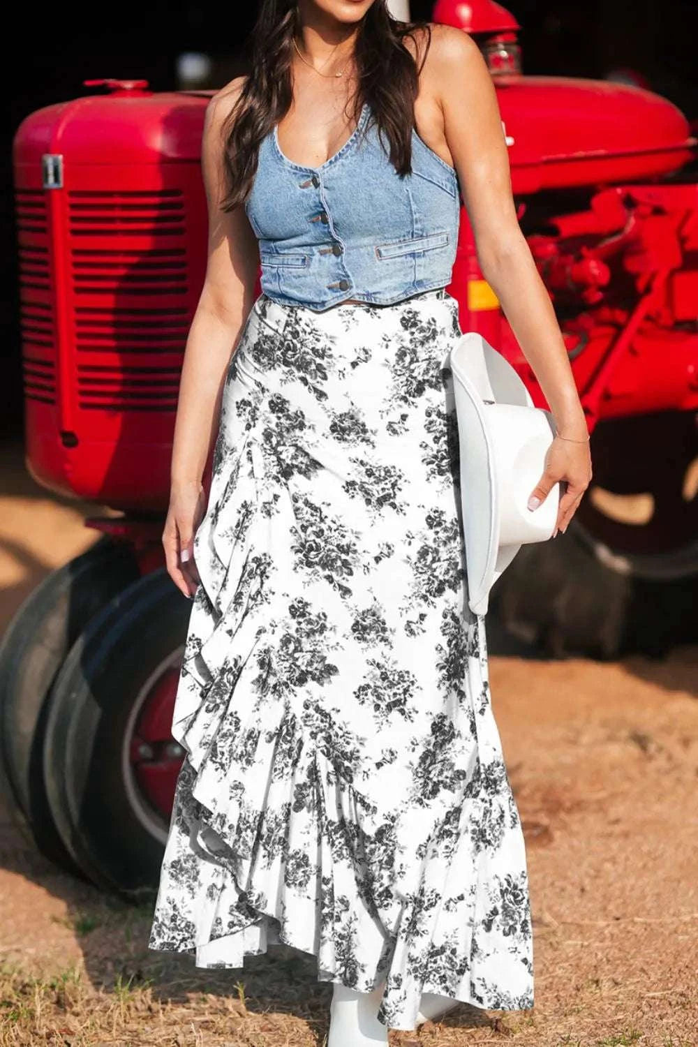 Boho Floral High Waist Ruffle Split Maxi Skirt WESTCLOSET