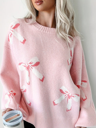 WestCloset Bow Round Neck Long Sleeve Sweater 