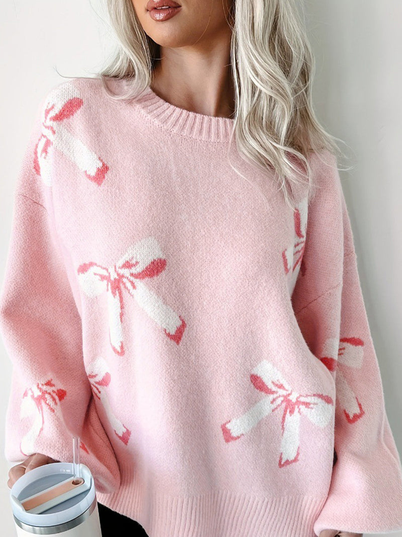 WestCloset Bow Round Neck Long Sleeve Sweater 