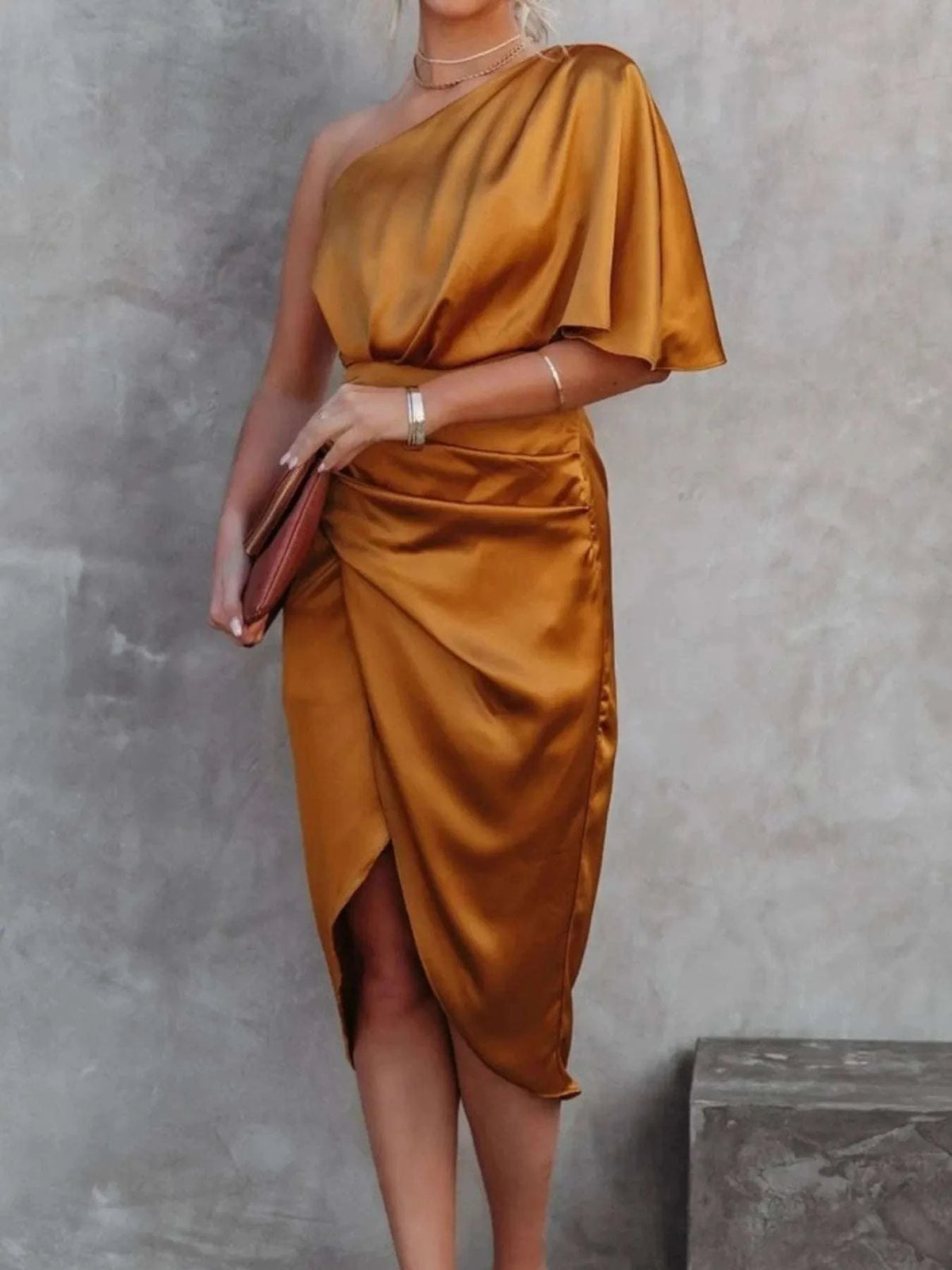 One-Shoulder Satin Wrap Dress with Side Slit WESTCLOSET