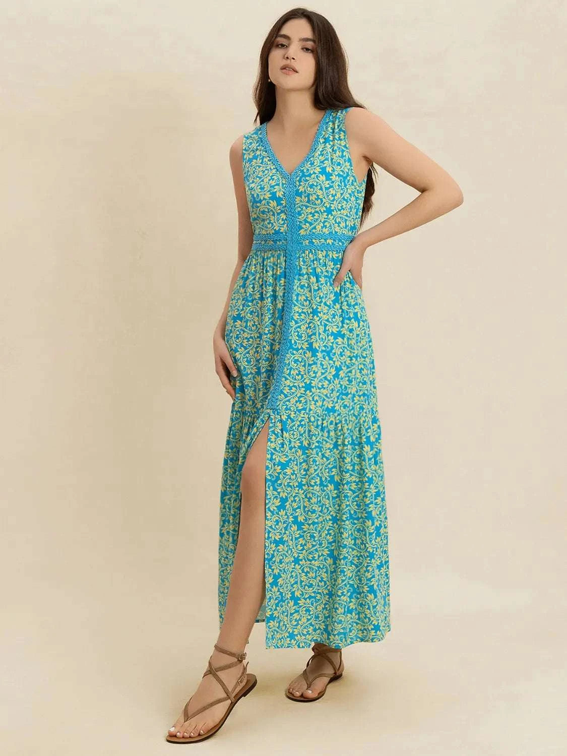 Slit Printed V-Neck Sleeveless Dress WESTCLOSET