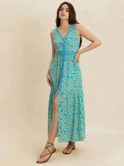 Slit Printed V-Neck Sleeveless Dress WESTCLOSET