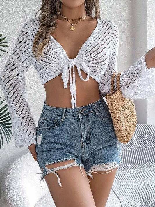 Openwork Tied Long Sleeve Knit Cover Up WESTCLOSET