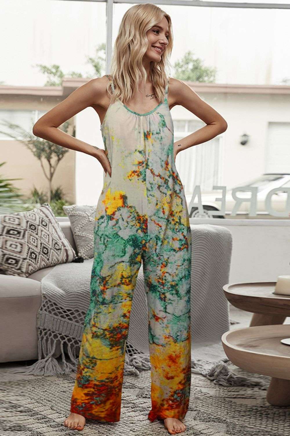 Shiny Tie-Dye Spaghetti Strap Jumpsuit with Pockets WESTCLOSET