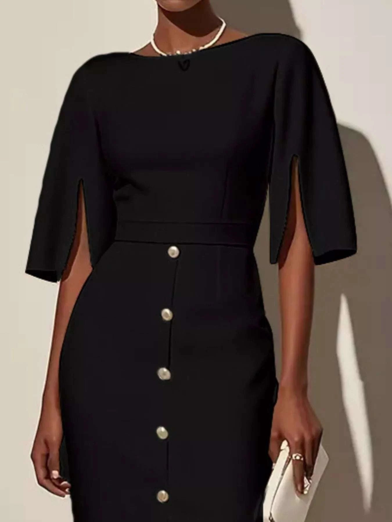 Slit Sleeve Midi Dress with Decorative Button WESTCLOSET