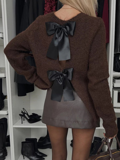 WestCloset Bow Slit Back Round Neck Sweater 