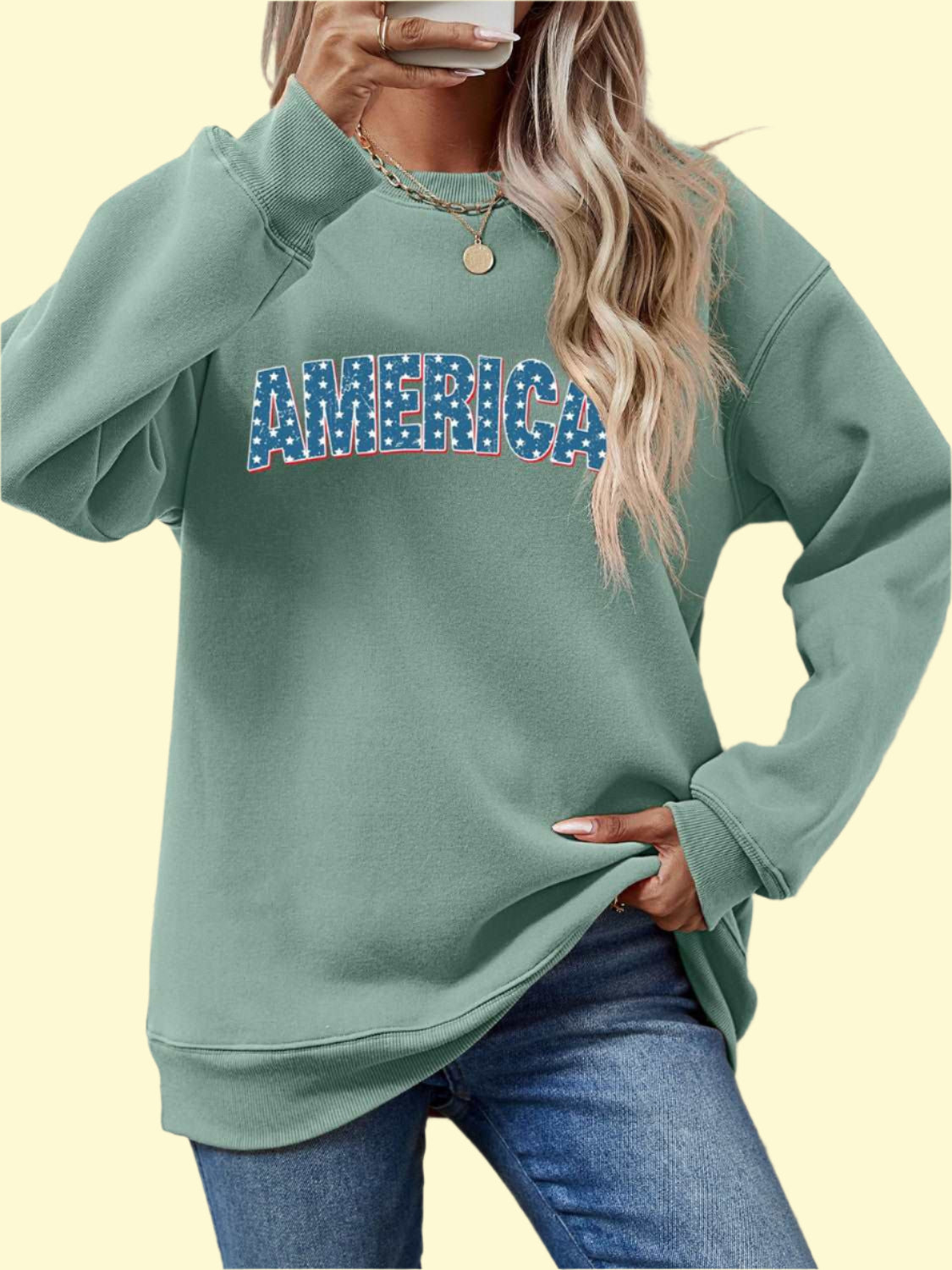 Sage Color AMERICA Round Neck Dropped Shoulder Sweatshirt