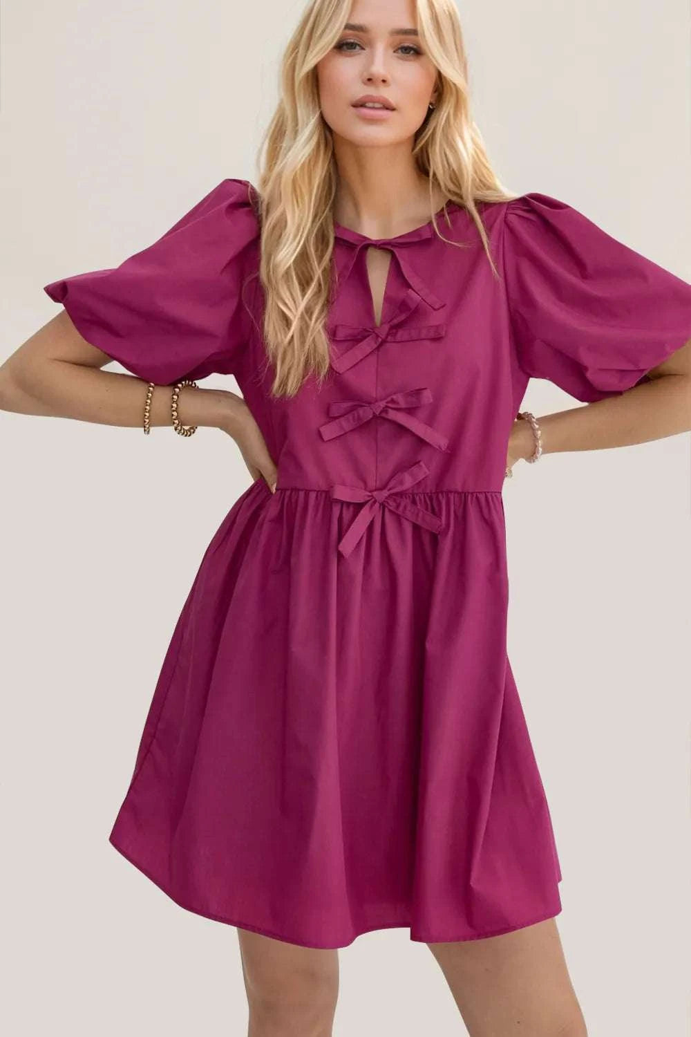 Oh Bow Ruched Puff Sleeve Mini Dress WESTCLOSET