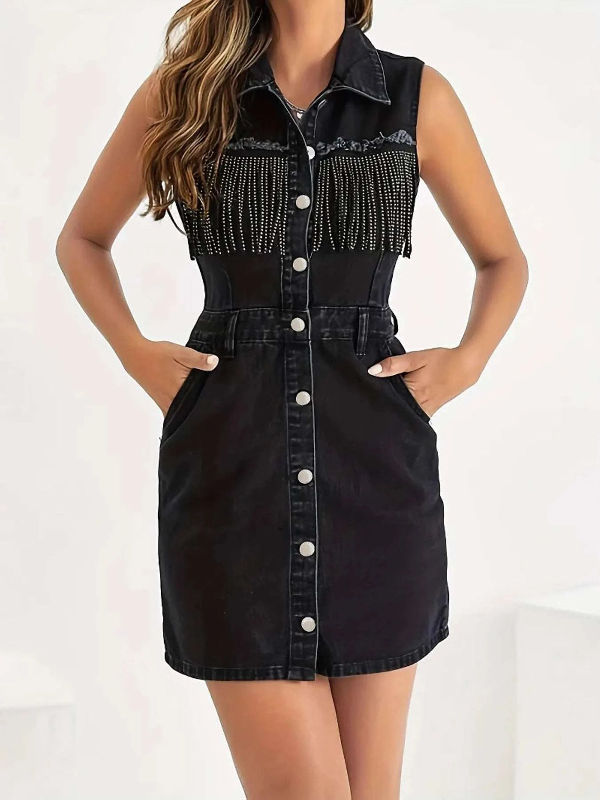 Fringe Detail Button-Front Mini Dress WESTCLOSET