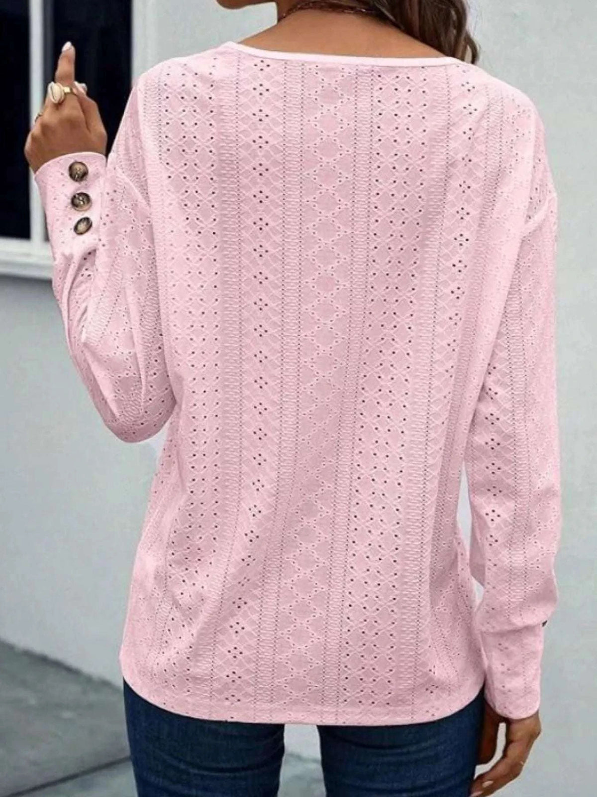 Eyelet V-Neck Long Sleeve T-Shirt WESTCLOSET