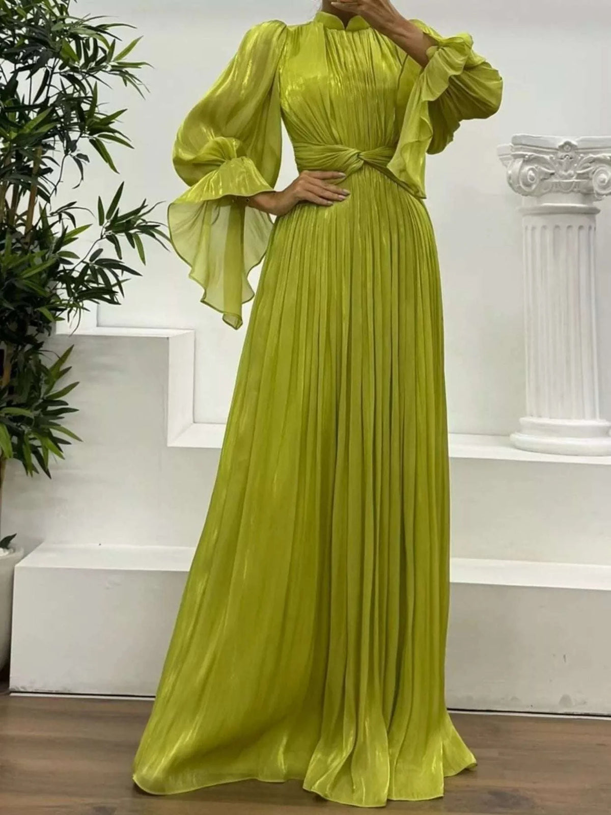 Pleated Mock Neck Long Sleeve Maxi Dress WESTCLOSET