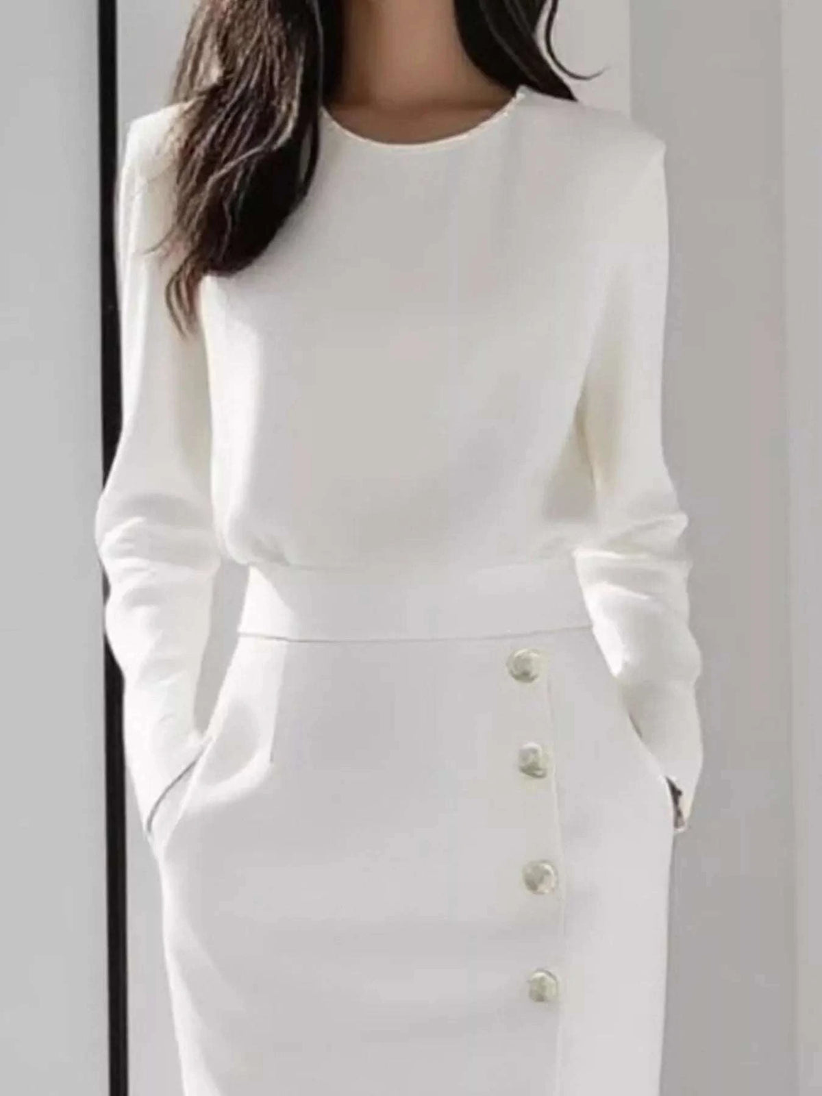 Long Sleeve Button Detail Midi Dress with Side Slit WESTCLOSET