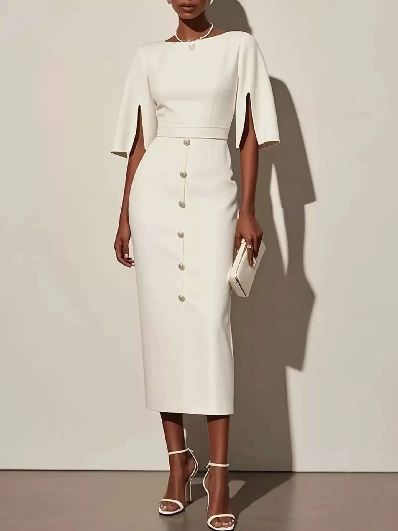 Slit Sleeve Midi Dress with Decorative Button WESTCLOSET