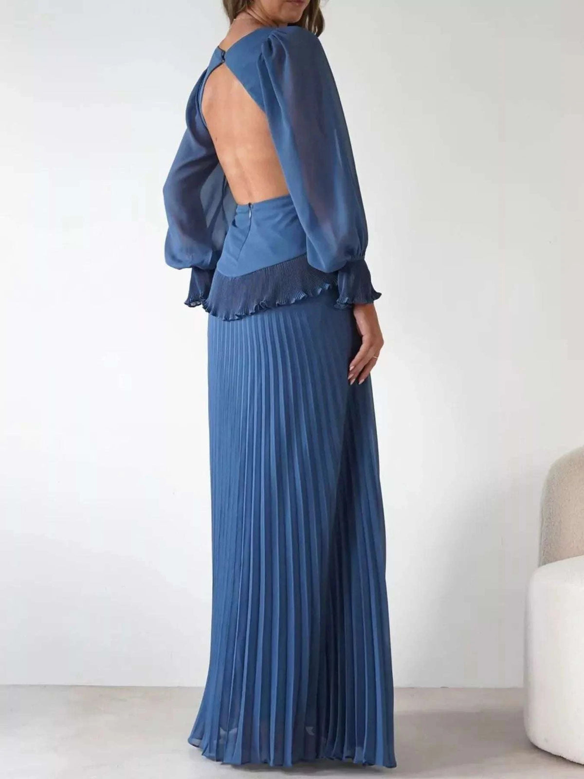 Backless Pleated Long Sleeve Maxi Dress WESTCLOSET