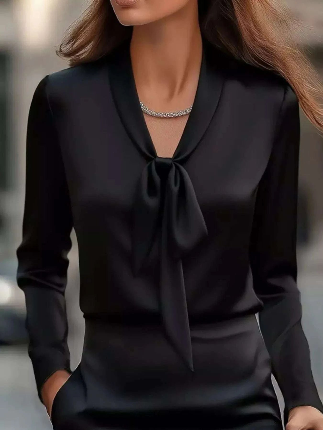Satin Tie Front Long Sleeve Blouse WESTCLOSET