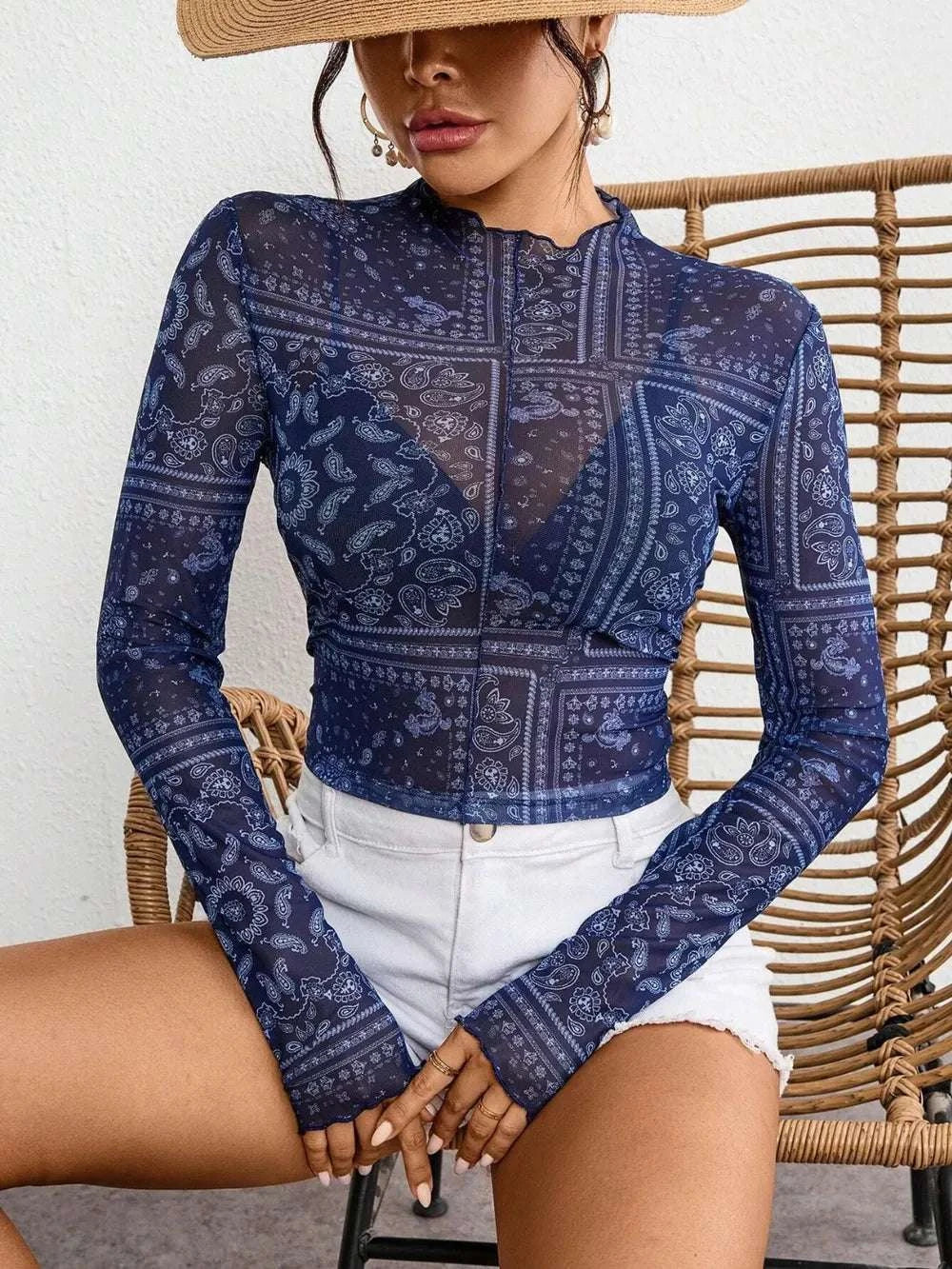Paisley Mock Neck Long Sleeve Sheer Top WESTCLOSET