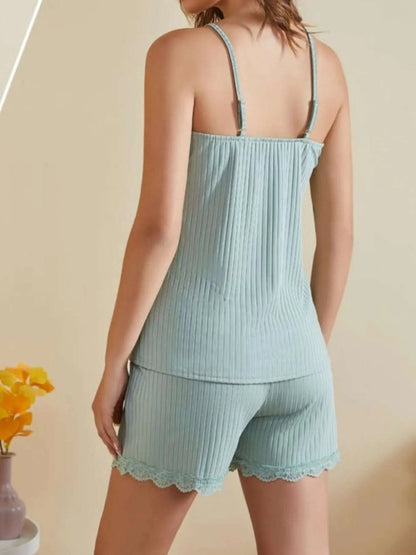 Lace-Trimmed Ribbed Cami and Shorts Lounge Set WESTCLOSET