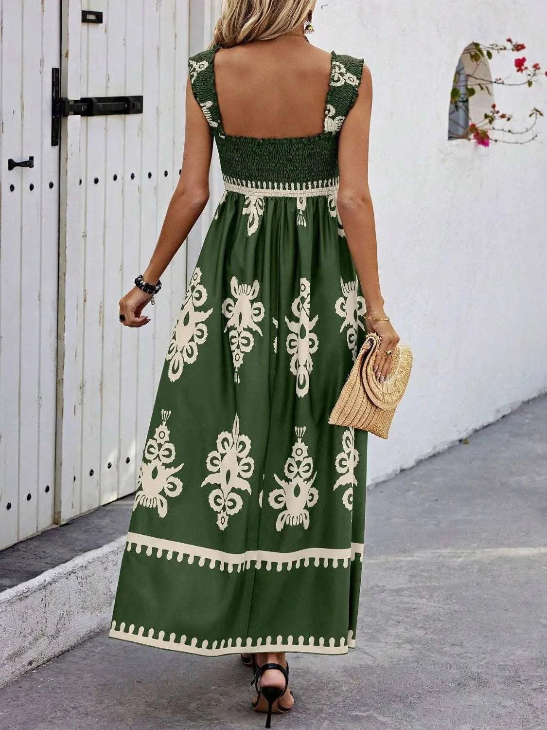 Smocked Printed Wide Strap Maxi Dress WESTCLOSET