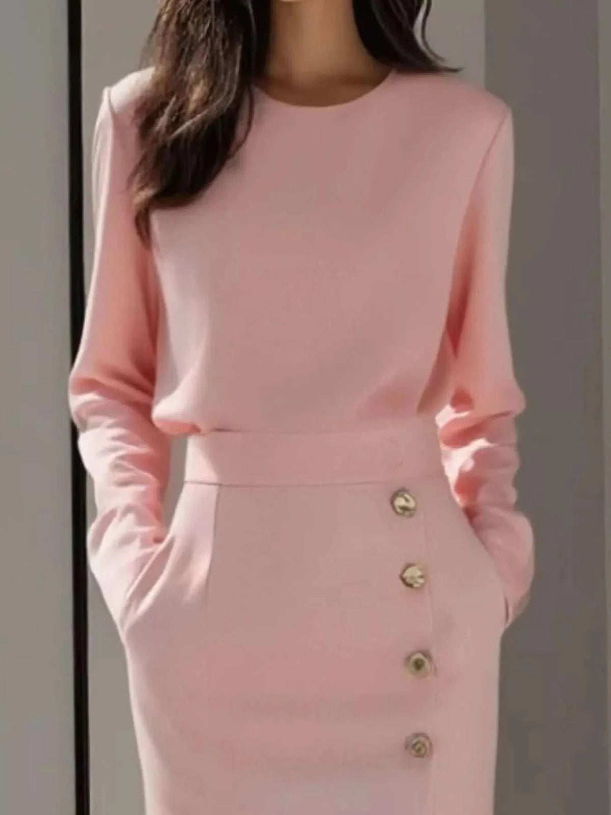 Long Sleeve Button Detail Midi Dress with Side Slit WESTCLOSET