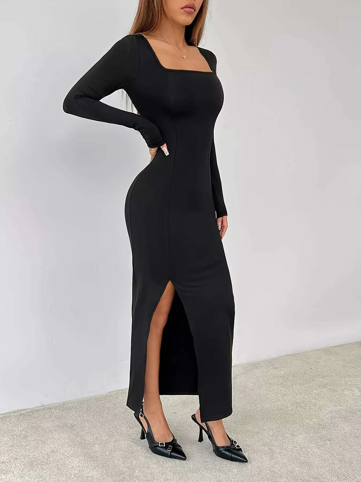 Square Neck Long Sleeve Slit Bodycon Maxi Dress WESTCLOSET