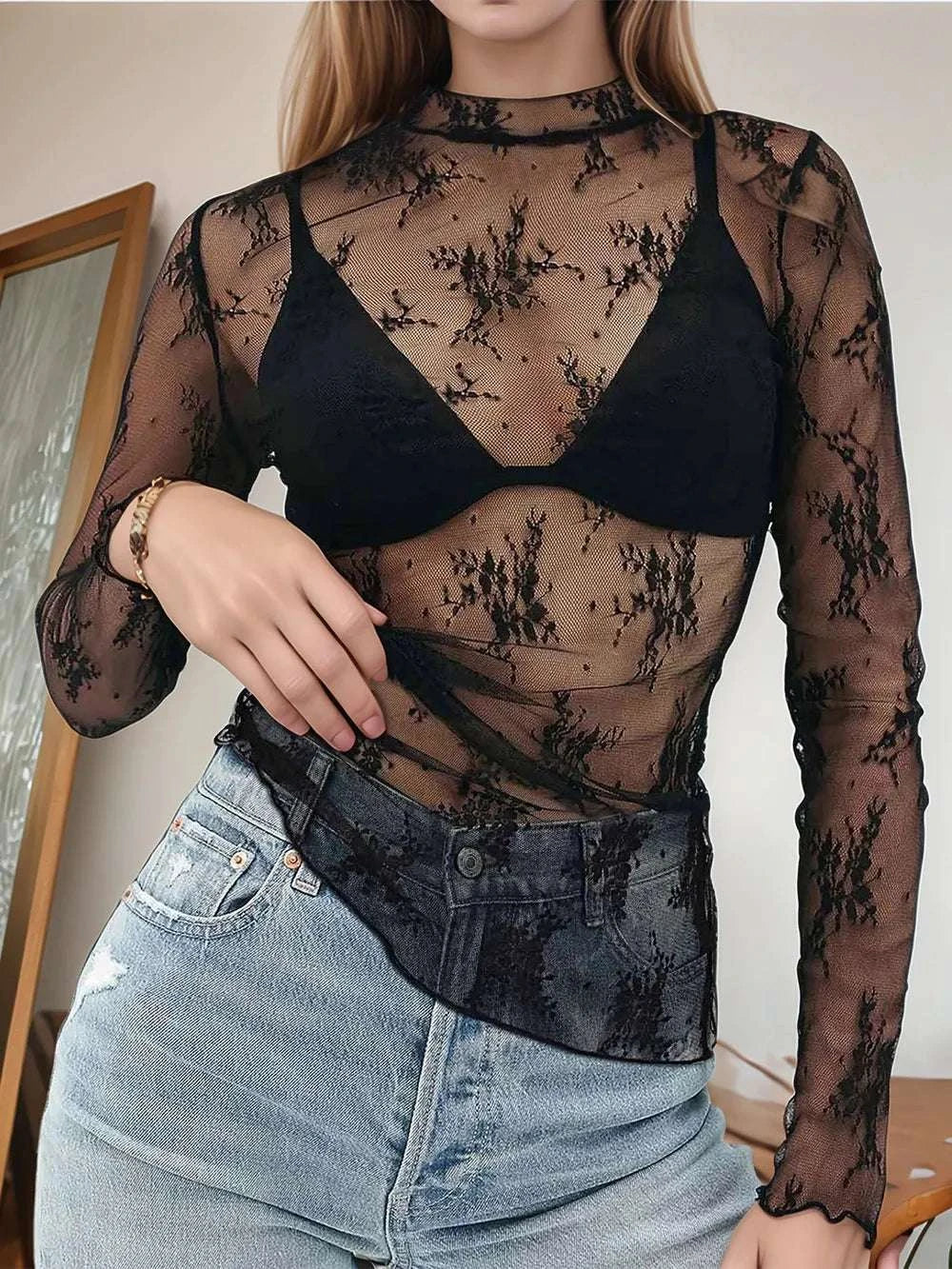 Floral Mock Neck Long Sleeve Mesh Top WESTCLOSET