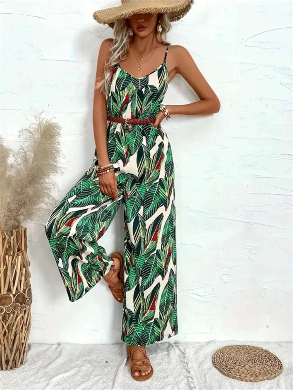 Tropical Print Spaghetti Strap Wide Leg Jumpsuit WESTCLOSET