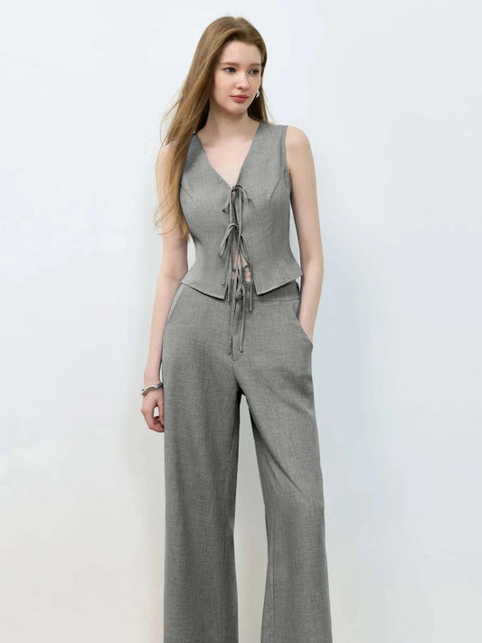 Tie Front Vest and Wide Leg Pants Set WESTCLOSET