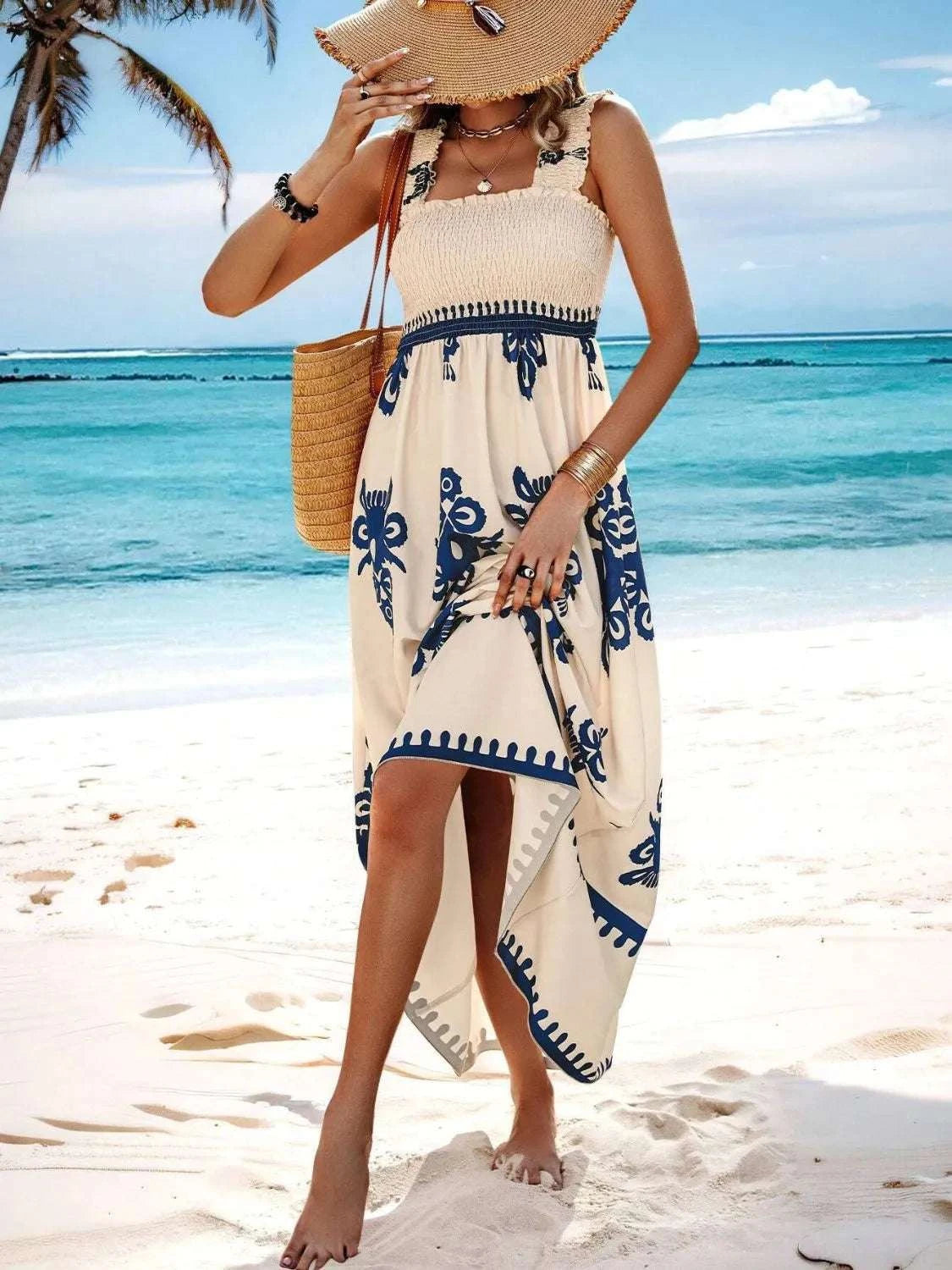 Smocked Printed Wide Strap Maxi Dress WESTCLOSET