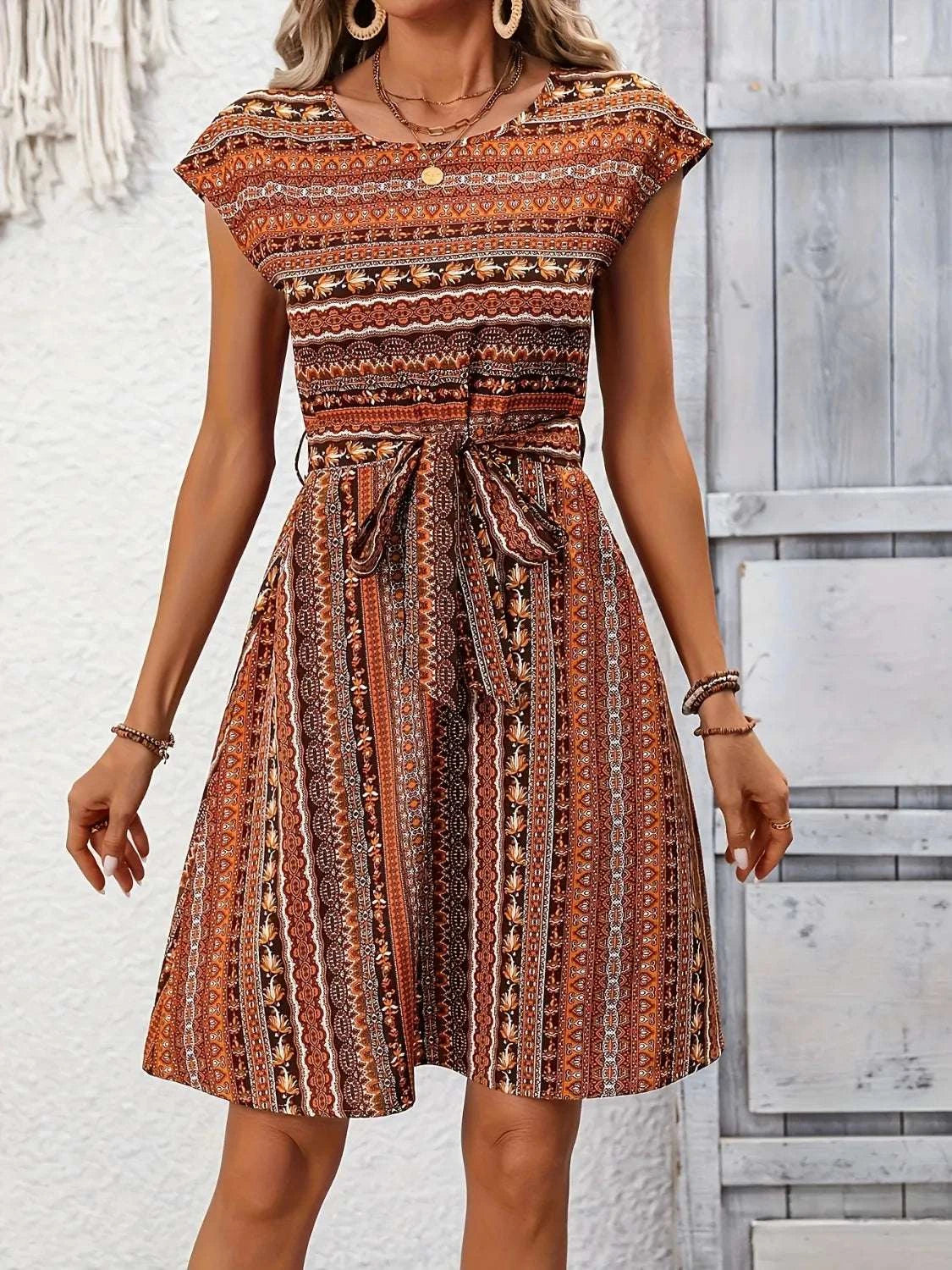 Printed Round Neck Cap Sleeve Dress WESTCLOSET