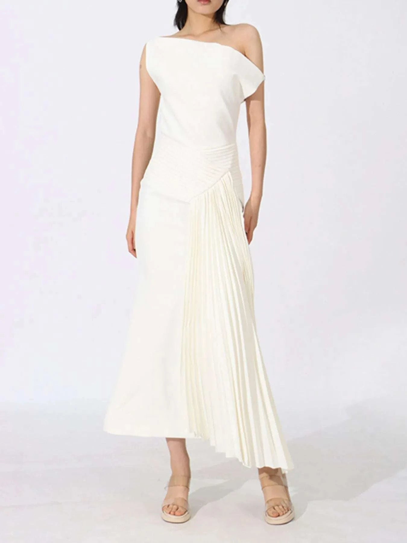 Single Shoulder Pleated Dress WESTCLOSET