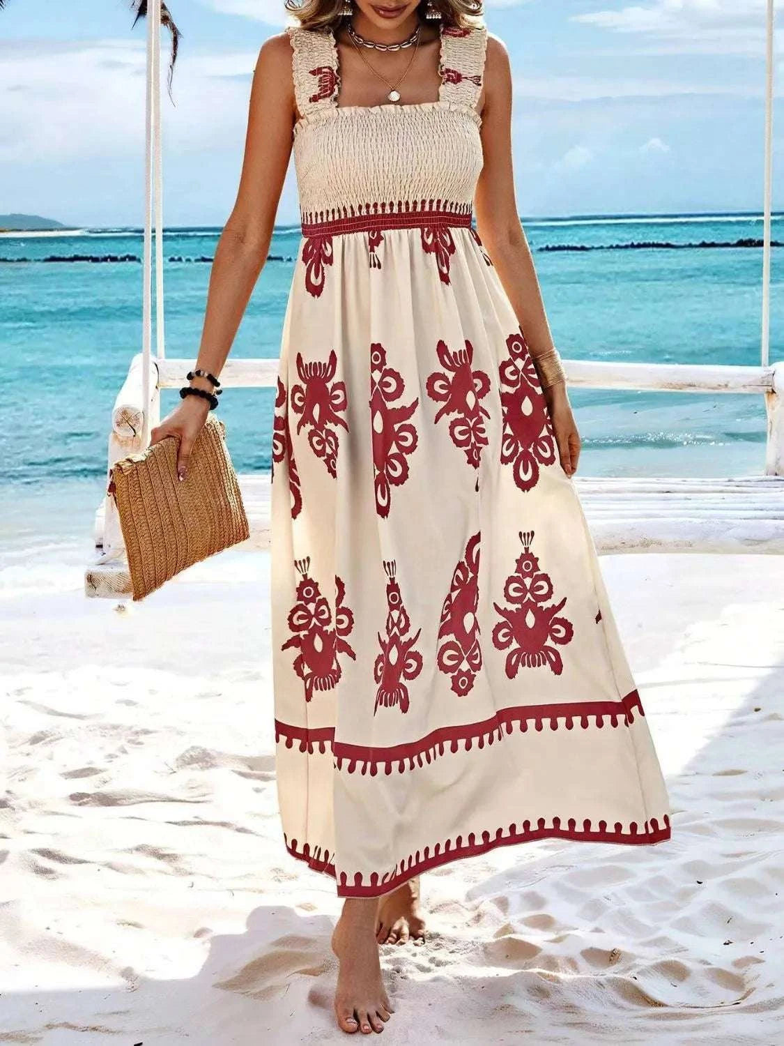 Smocked Printed Wide Strap Maxi Dress WESTCLOSET